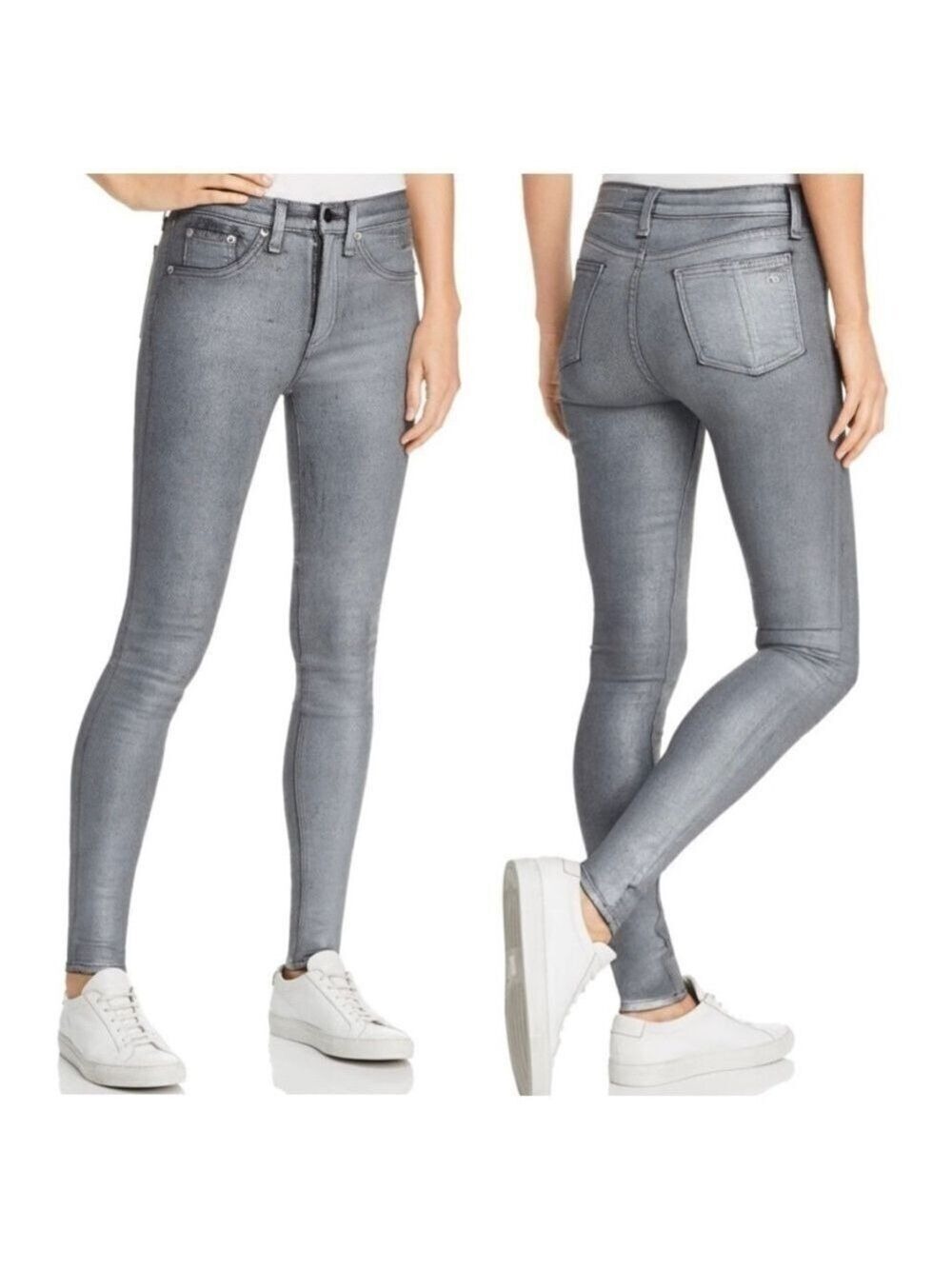 rag & bone Metallic High-Rise Coated Ankle Skinny Jeans in Gunmetal Size 26